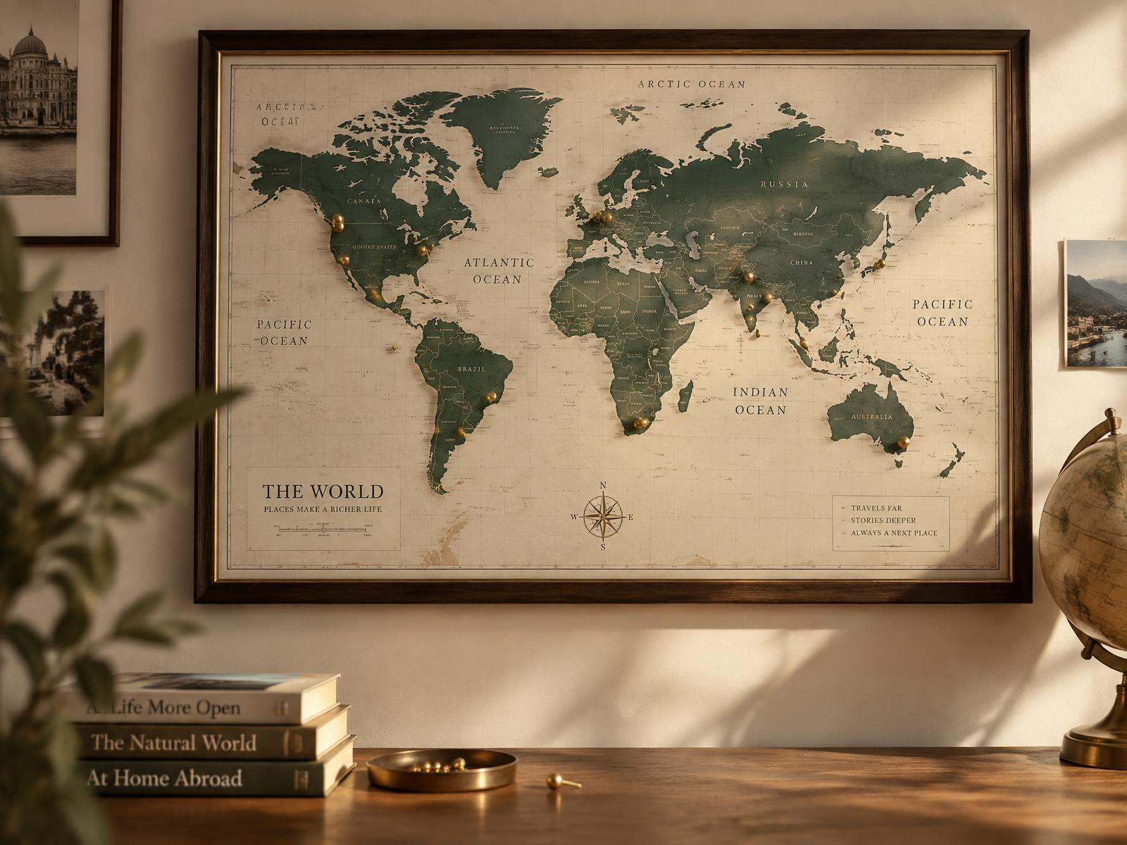 Framed world map on a cream wall with small brass travel pins marking visited cities